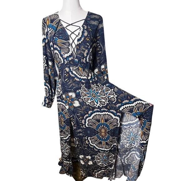 H&M Boho Goddess Maxi Dress Navy Print Lace Up Slit Thigh Size 8 Wedding Guest - Picture 8 of 12